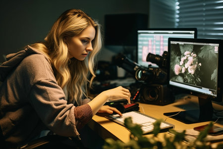 Thinking about every detail Beautiful young woman using computer while working in the creative office : Generative AIの素材