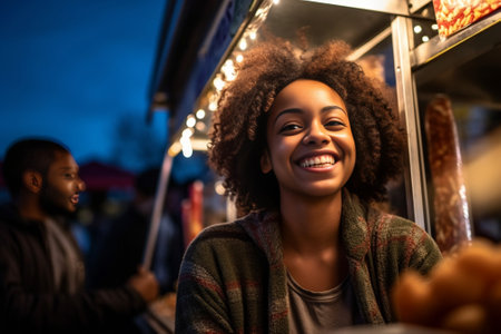 Young and carefree Attractive young woman looking in the mirror and adjusting her lips while standing against food truck outdoors : Generative AIの素材