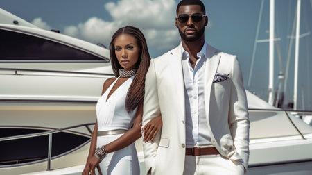 We are always happy together Happy young couple looking at camera and smiling while standing on the deck of yacht : Generative AIの素材