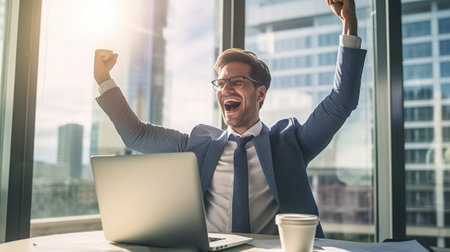 I did it Happy young man in formal wear looking at computer monitor and gesturing while sitting at his working place : Generative AIの素材