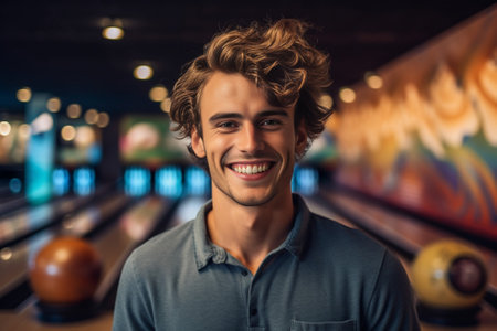 Hoping for a strike Cheerful young man looking over shoulders and holding a bowling ball while standing against bowling alleys : Generative AIの素材
