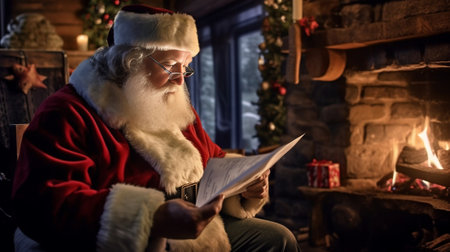 Wish list Traditional Santa Claus looking at his sack with presents and holding a paper while sitting at his chair with fireplace and Christmas Tree in the background : Generative AIの素材