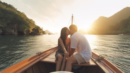 Two hearts filled with love Beautiful young couple kissing while enjoying romantic date on the lake : Generative AIの素材