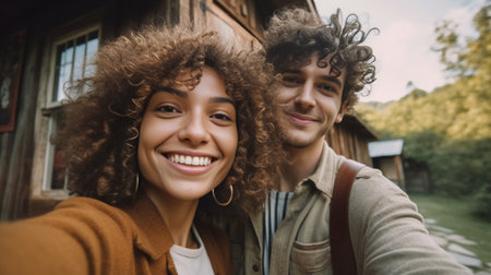 We love making selfies Low angle view of happy young loving couple making selfie while standing outdoors together : Generative AIの素材