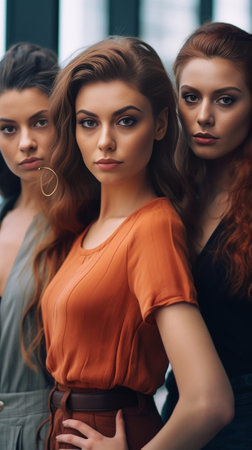 Young and beautiful Three attractive young women looking at camera while standing against brown background : Generative AIの素材