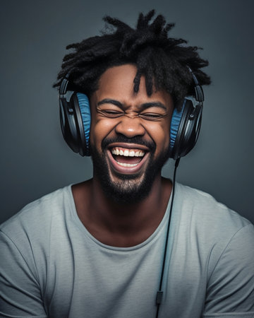 On the music waves Handsome young man in headphones keeping eyes closed and smiling while standing against grey background : Generative AIの素材
