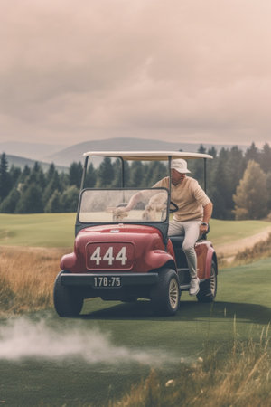 On the way to next hole Side view of young happy male golfer driving a golf cart and looking at camera : Generative AIの素材