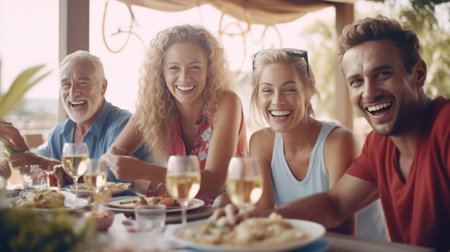 Proud to have a big family Happy family sitting at the dining table outdoors while senior man looking over shoulder and smiling : Generative AIの素材