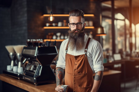 One more coffee please Young handsome bearded man talking to barista while sitting at bar counter at cafe : Generative AIの素材