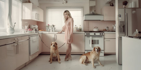 Teenage girl and her little dog having lunch together while sitting at the kitchen island : Generative AIの素材