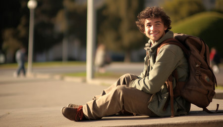 Side view of handsome young man sitting on his backpack at the side of the road : Generative AIの素材
