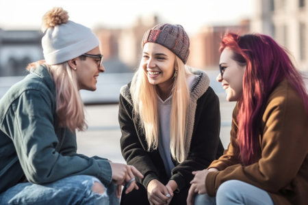 Spending great time with friends Top view of four young cheerful people chatting while sitting at the bean bags on the roof of the building : Generative AIの素材