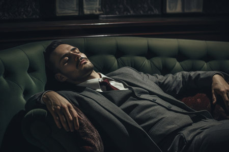 Work that makes him sleepy Top view of young businessman sleeping and holding hand behind head while laying on sofa : Generative AIの素材