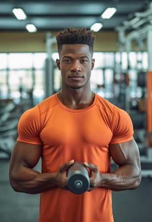 Weight training Confident young African man training with dumbbell in gym : Generative AIの素材