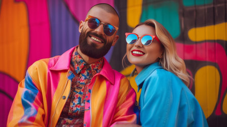 Stylish couple Funky young couple wearing sunglasses and smiling while standing against colorful background : Generative AIの素材