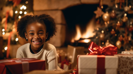You did not see me Happy little girl holding gift box and looking at real Santa Claus gesturing silence sign with Christmas Tree and fireplace in the background : Generative AIの素材