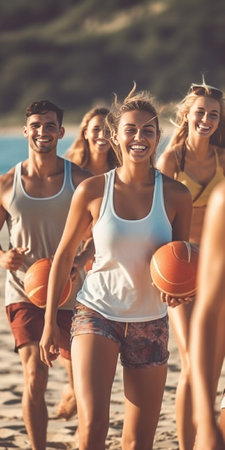 They love having fun Group of young cheerful people running along the beach and looking happy : Generative AIの素材