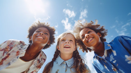 We are all good friends Low angle view of four happy young people bonding and looking at camera with smile with blue sky in the background : Generative AIの素材