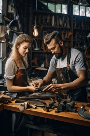 Working hard to achieve best results Young fashionable designer measuring clients sleeve while standing in his workshop : Generative AIの素材