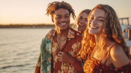 Young and carefree Cheerful young man embracing two women while standing at the seaside with retro minivan in the background : Generative AIの素材