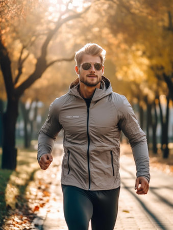 Sporty handsome Confident young man in sports clothing looking over shoulder while walking outdoors : Generative AIの素材