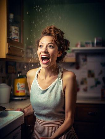 Ready for cooking Cheerful young woman in apron holding rolling pin and wire whisk while standing in a kitchen : Generative AIの素材