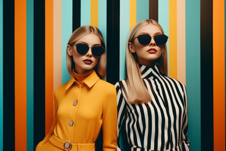 Stylish beauties Two beautiful young women in caps and sunglasses holding skateboard and looking at camera while standing against colorful background : Generative AIの素材