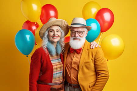 They are cool Funky young couple holding yellow balloon and looking at camera while standing against colorful background : Generative AIの素材