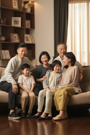 Smiling senior parents meeting young couple inside the house : Generative AIの素材