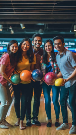 We are a team Cheerful young man and women looking over shoulders and holding bowling balls while standing against bowling alleys : Generative AIの素材