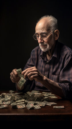 Money and power Senior gangster in shirt and suspenders counting money and smiling while sitting at the table : Generative AIの素材