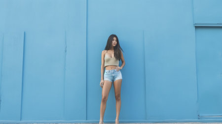 Hot and playful Playful young woman in jeans shorts leaning at the wall and smiling : Generative AIの素材