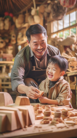 This is our happy place Happy young male carpenter teaching his son towork with wood in his workshop : Generative AIの素材