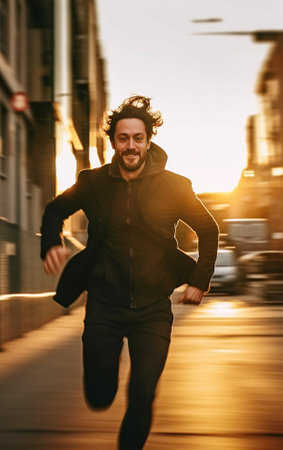 His best speed Handsome young man in sport clothing running along the city street : Generative AIの素材