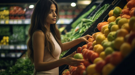 Only the best fruits and vegetables Beautiful young woman holding apple and smelling it with smile while standing in a food store : Generative AIの素材