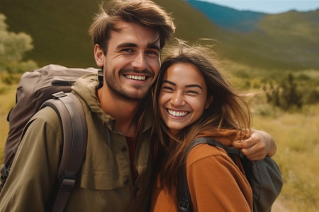 Playful couple Handsome young man carrying young attractive woman on shoulders while spending time together outdoors : Generative AIの素材