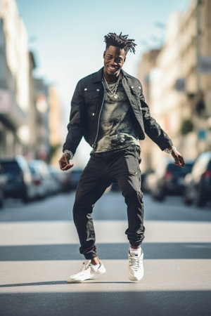 Like a real star Full length of handsome young African man in headphones singing and dancing in front of the stoned wall outdoors : Generative AIの素材