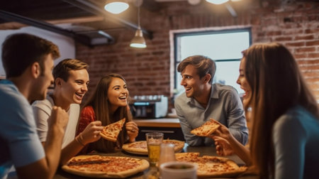 Holiday among friends Group of young people in casual wear eating pizza and smiling while having a dinner party indoors : Generative AIの素材