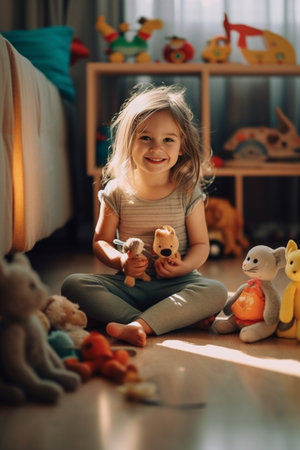 Playing with her toys Cute little girl playing with a dollhouse while sitting on the floor in bedroom : Generative AIの素材