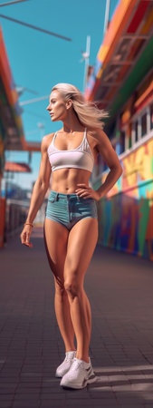 In love with summer Full length of attractive young woman in sports clothing dancing while standing against food truck outdoors : Generative AIの素材