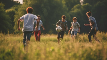 Just having fun Group of young people in casual wear playing soccer while spending time outdoors : Generative AIの素材
