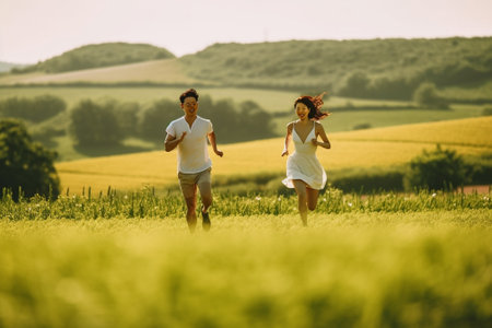Love inspires them Happy young couple smiling while running on the valley in mountains outdoors : Generative AIの素材