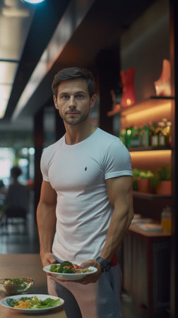Looks good Closeup of man holding fork and table knife while sitting in the cafeteria : Generative AIの素材