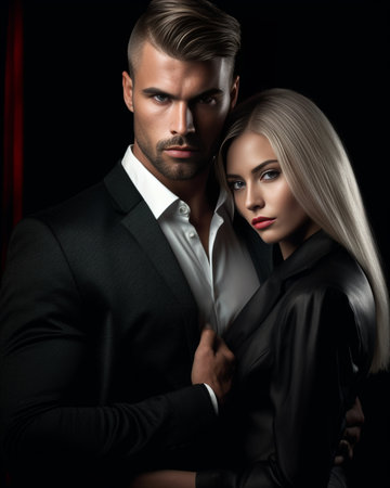 True desire Beautiful young welldressed couple standing against black and white background while woman grabbing her boyfriend necktie : Generative AIの素材