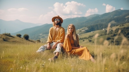 Who is there Young couple holding cups and touching the cow while sitting on the valley in mountains : Generative AIの素材