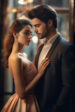 Romantic young couple in formalwear looking at each other while standing on the balcony together : Generative AIの素材