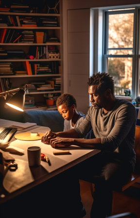Parent support Side view of cheerful young father helping his son to do homework while sitting at the table together with green apple laying on the foreground : Generative AIの素材