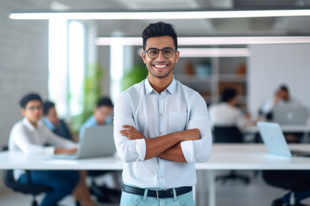 Time to be productive Handsome young man in shirt keeping arms crossed and smiling at camera while sitting at his working place : Generative AIの素材