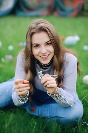 Take a look at this one Beautiful young women choosing silver colored bracelet while sitting in the workshop : Generative AIの素材