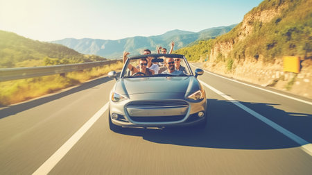 Spending great time together Group of young happy people enjoying road trip in their white convertible and smiling at camera : Generative AIの素材